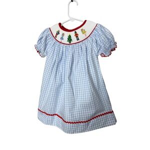 Babeeni Smocked Christmas Nutcracker Tree Girls Light Blue Gingham Dress 12m